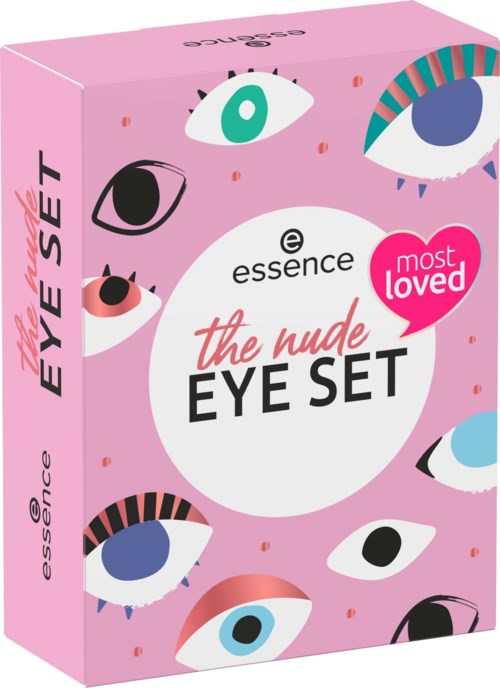 Pink box containing eye makeup items with colorful eye illustrations, labeled 'the nude EYE SET' and 'most loved'.