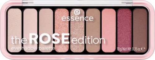 A rectangular eyeshadow palette with ten pink and brown shades, labeled essence the ROSE edition.