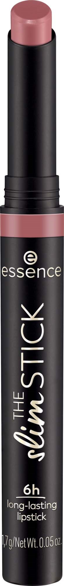 A lipstick stick with pink color, black body, and brand name Essence on it.