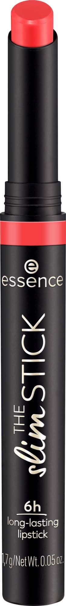 En svart och rosa läppstift med lock som visar märket Essence och etiketten 'The Slim Stick', långvarigt.
