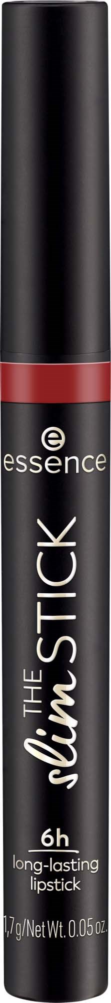 En svart och röd läppstiftspenna med märket 'essence' och märket 'The gel stylin' för långvarig färg.