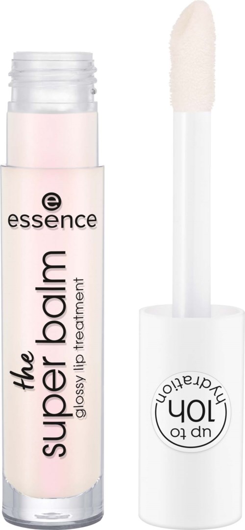 Ett läppglansflaska märkt 'the super balm' av Essence, med en vit applicator.