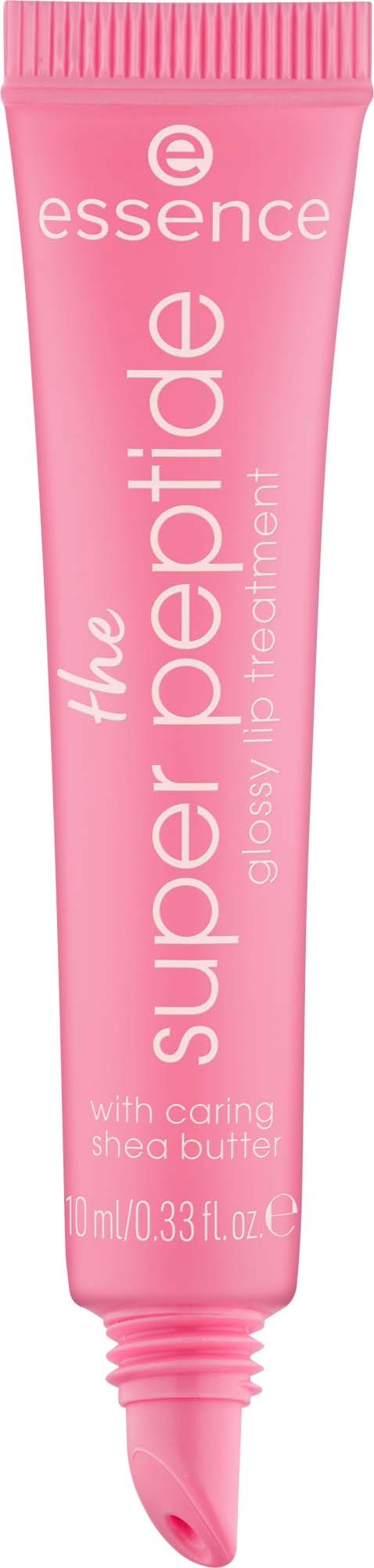 En lyserød tube med Essence hudplejeprodukt kaldet super peptide glow lip treatment med shea smør.