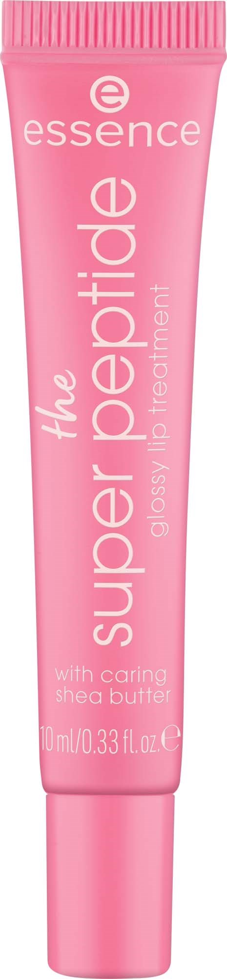 En lyserød tube mærket essence super peptide glossify læbebehandling med sheasmør og plejende ingredienser.