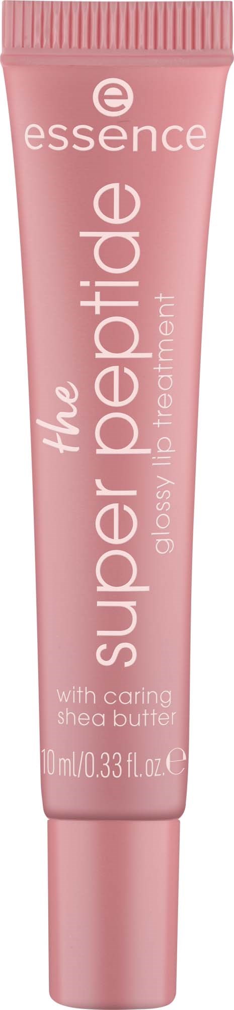 En rosa tub märkta essence super peptide glow serum med sheasmör och vårdande ingredienser.