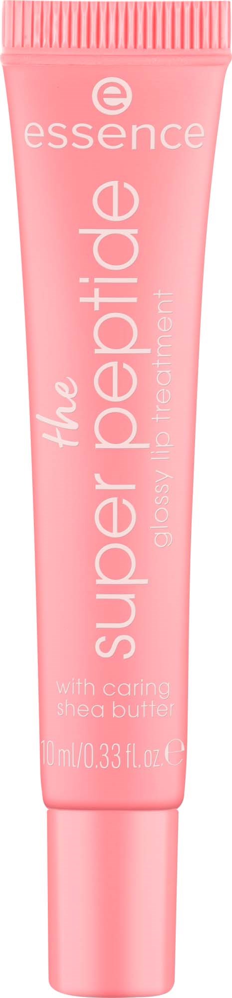 En rosa tub märkess Super Peptide av Essence, med ingredienser som innehåller ryggsäck och sheasmör.