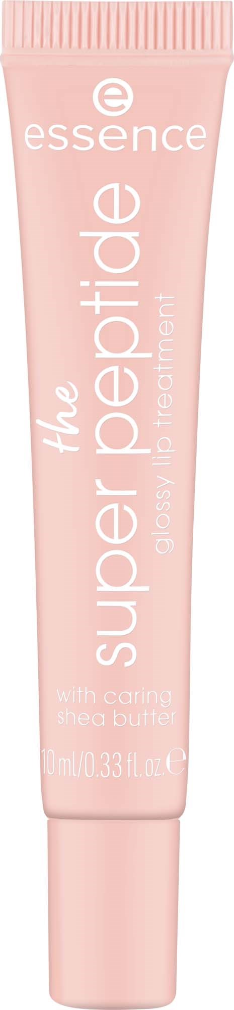 En rosa tub med hudvårdsprodukt kallad essence med ord om ett peptid och shea smör.