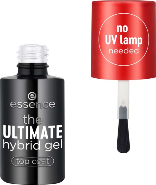 En flaska hybrid gelnagellack bredvid en topplack i form av en lampa med texten 'no UV lamp needed'.