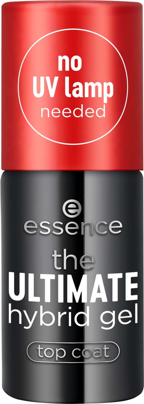 En sprayflaska i svart och rött, med namnet 'essence the ULTIMATE hybrid gel top coat,' säger att ingen UV-lampa krävs.