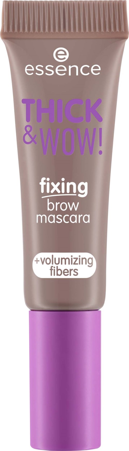 A small tube of brow mascara labeled 'Thick & Wow' with volumizing fibers. The tube is beige with purple and pink text.