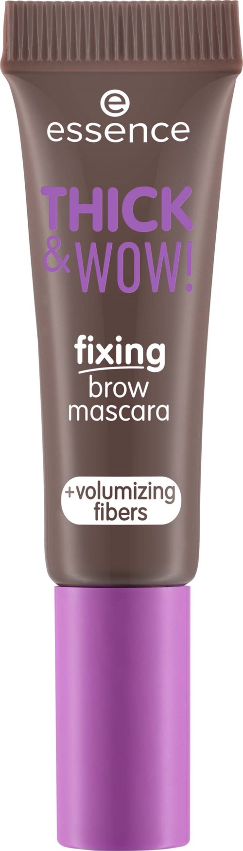 Ruskea kulmakarva-meikki, jossa on violetin värinen korkki, etiketti 'essence', 'Thick & Wow!' ja 'fixing brow mascara'.