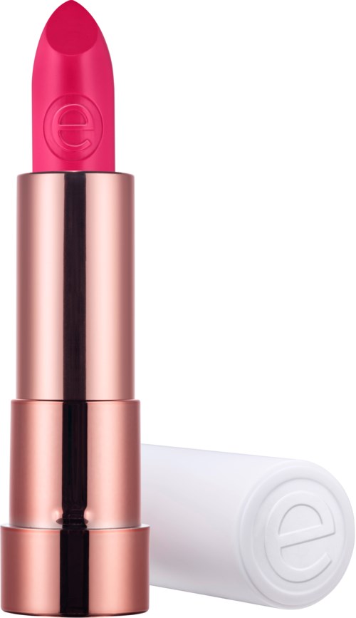 Ett ljust rosa läppstift i ett roséguldsfodral med en vit kapsel bredvid.