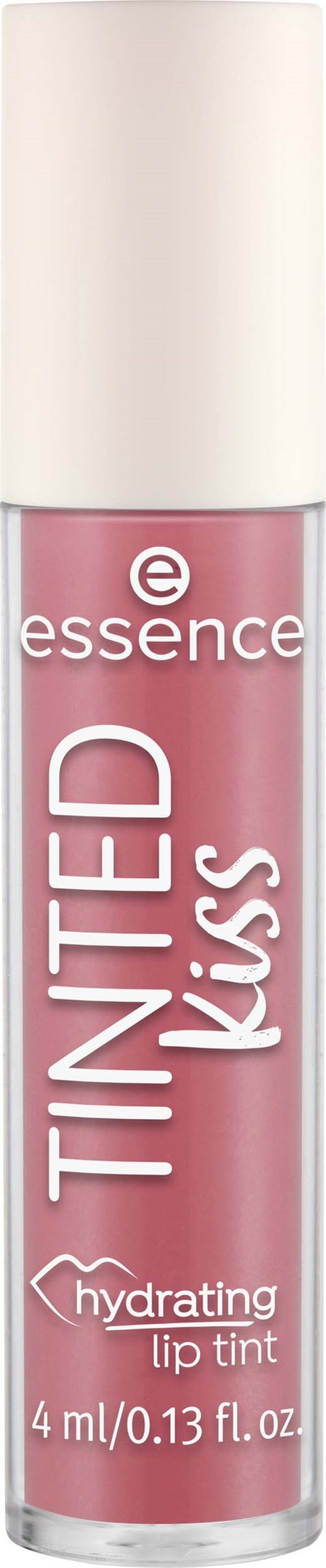 En liten tube med essence tinted kiss återfuktande läppfärg i rosa, med vit lock, märk riktlinjer för produkten.