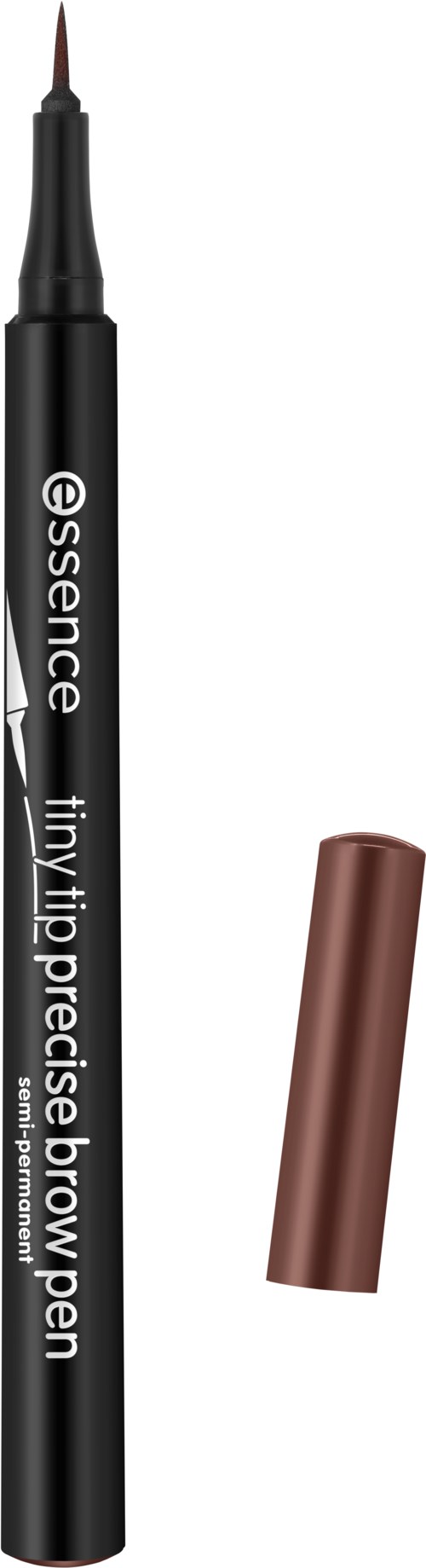 Ein schwarzer Präzisionsbrauenstift mit braunem Deckel, beschriftet "essence" und "tiny tip precise brow pen."