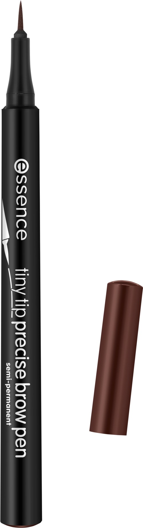 Ein schwarzer Augenbrauenstift mit feiner Spitze und einem braunen Deckel daneben. Der Stift ist mit 'essence' und 'tiny precise brow pen' beschriftet.