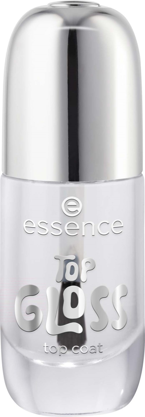 En liten vit flaska med en silverkork, märkt Essence Top Gloss Top Coat för naglar.