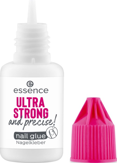 Eine weiße Flasche mit Nagellackkleber, rosa Kappe, zum Kleben von Nägeln.