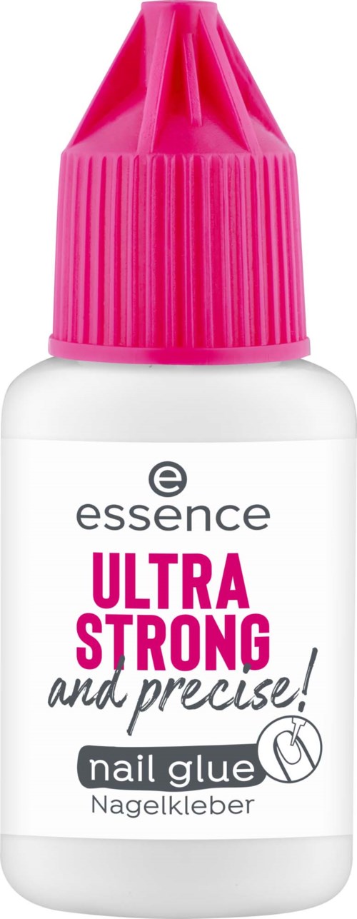 Eine kleine weiße Flasche mit pinker Kappe, beschriftet ultra strong nagelkleber in Schwarz und Pink.