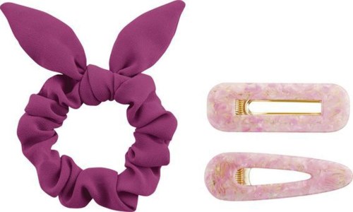 En lila hårsnodd med rosett och två rosa hårklämmor med gulddetaljer.