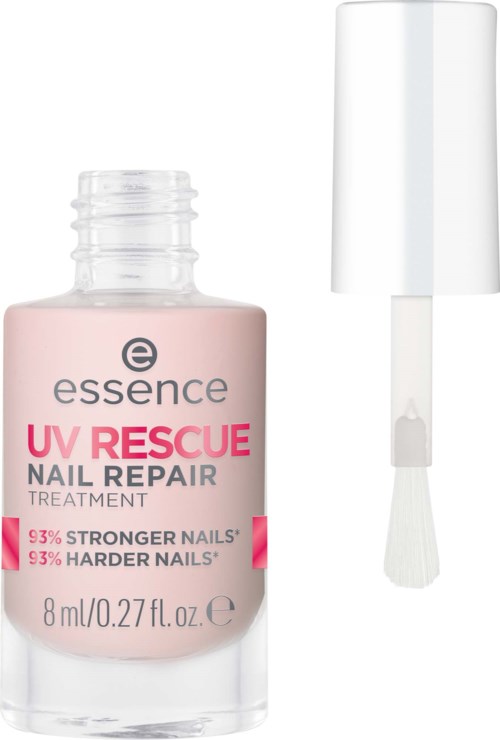 En liten flaska med nagelrehab-behandling med en vit borste applicator.