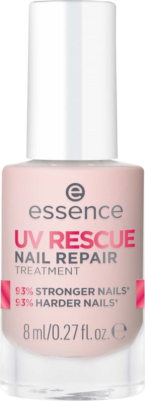 En flaska nagelreparationsbehandling märkt UV Rescue av Essence, avsedd att göra naglar starkare och hårdare.