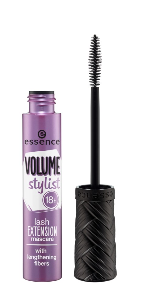 En lila mascara för ögonfransar med en svart borste och wand. Produkten är för förlängning och förlängning av fransar.