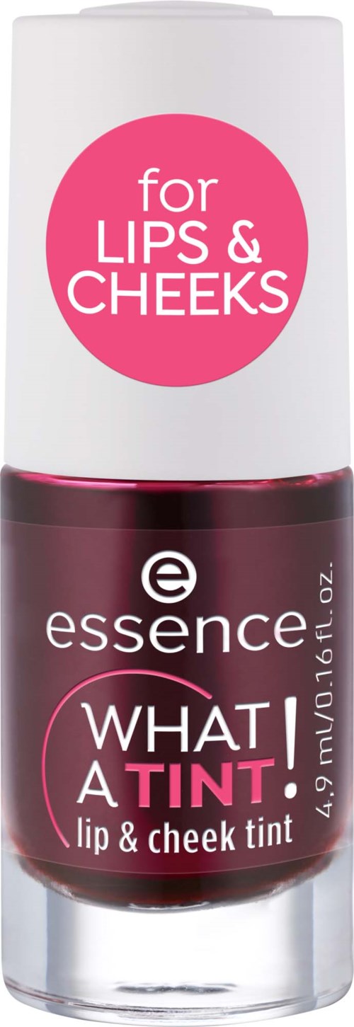 En liten flaske med leppe- og kinnfarge fra Essence, beregnet for lepper og kinn, med rosa og mørkerøde farger.