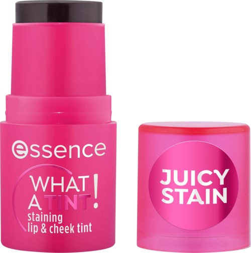 Rosa kosmetikkapsel med lock och etikett som nämner Juicy Stain och ton för läppar och kinder.