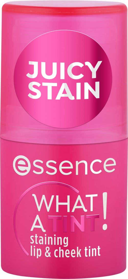Rosa läpp- och kinderfärglapparflaska märkta Juicy Stain och Essence What a Tint!