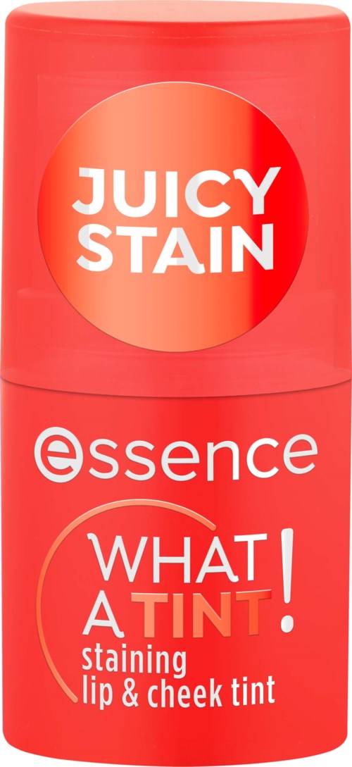 Ett rött lipglansrör från Essence visar Juicy Stain och What A Tint! i stora bokstäver.
