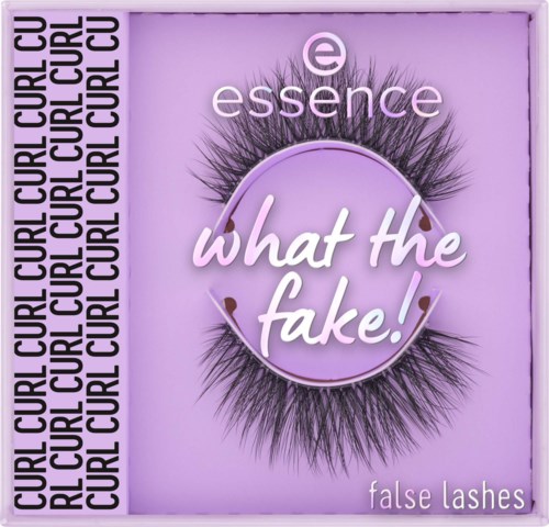 A purple box features false eyelashes, the Essence logo, and the phrase "what the fake!" in white script.