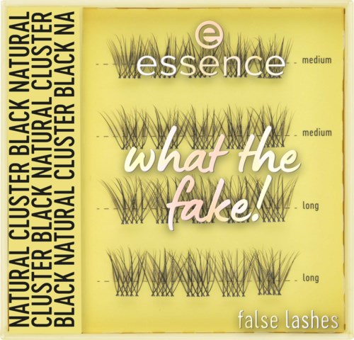 Lådan visar olika ögonfransstilar märkta medium och long, med texten 'what the fake!' och 'false lashes' på gul bakgrund.