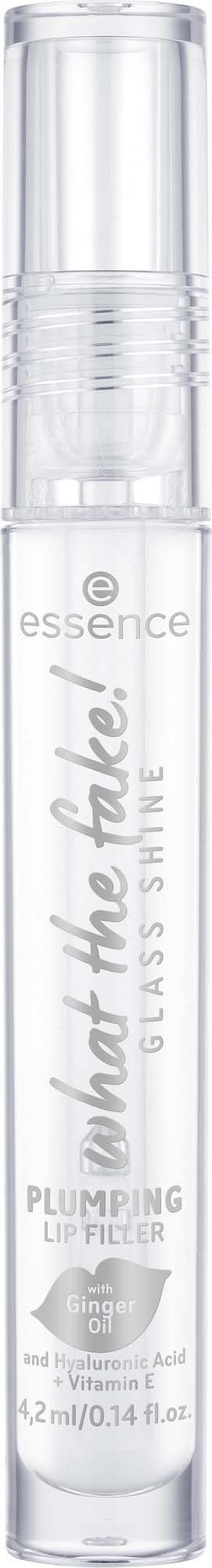Doorzichtige lipgloss-huls met de woorden "what the lip?" en merknaam Essence, bevat opvullende lipfiller.