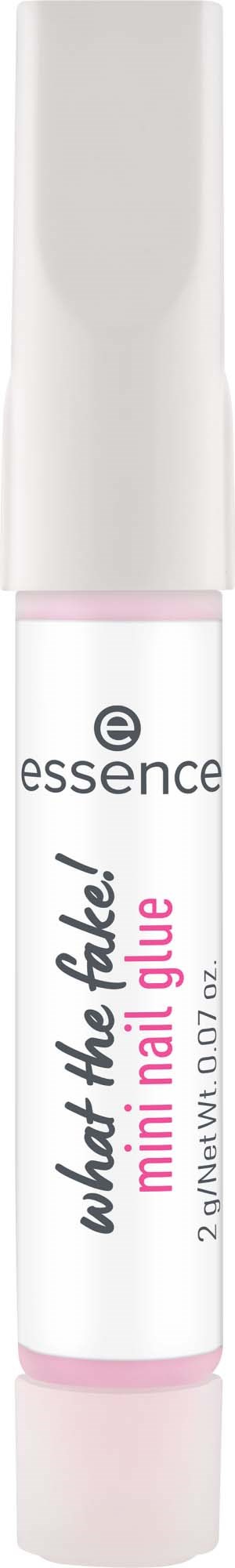 En liten vit flaska med rosa detaljer, märkt essence mini nail glue, används för att fästa naglar.