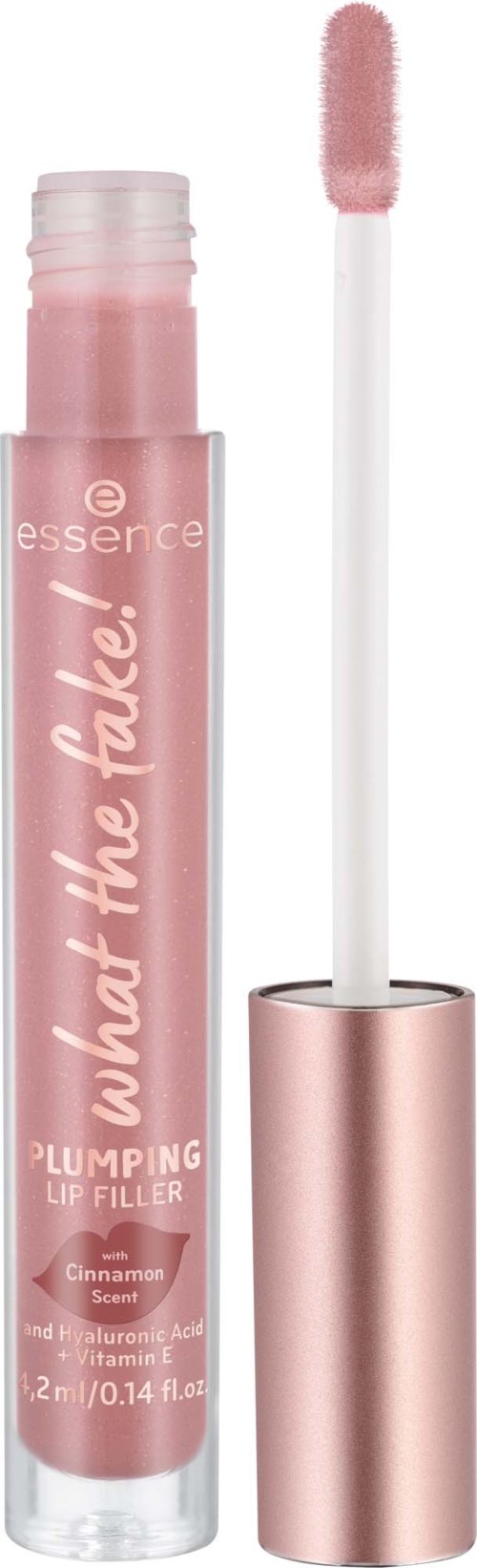 En rosa läppglansrör med en applikator som visar. Den är märkt 'What the Fake!' och 'Plumping Lip Filler.'