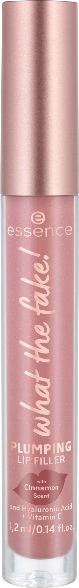 En rosa läppglansrör med roseguldlock, märkt "What the Fake!" från Essence, innehåller plumpande läppfiller.