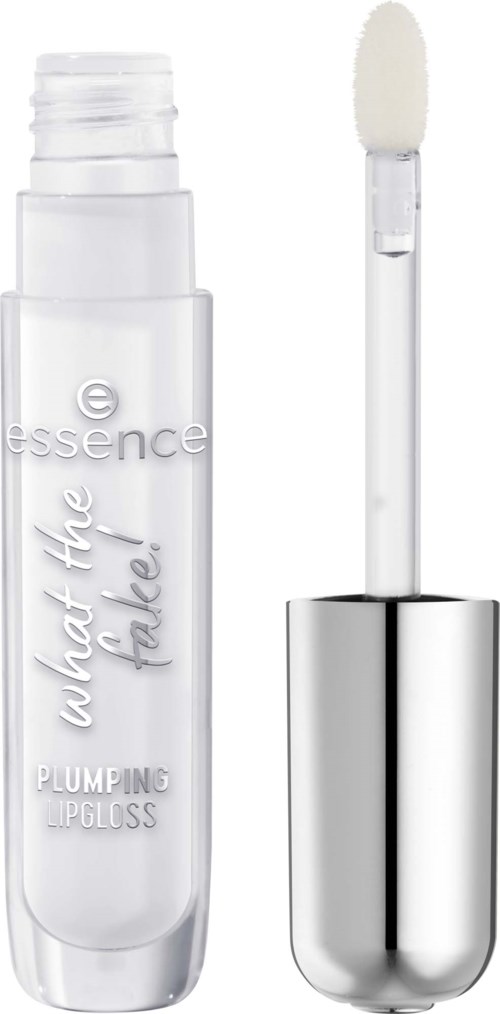 En genomskinlig läppglansflaska med vit applicatorborste och silverlock, märkt 'What the Fudge! PLUMPING GLOSS'.