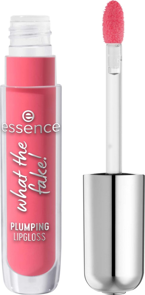 Rosa läppglansrör med vit och rosa etikett och applikator med rosa gloss.