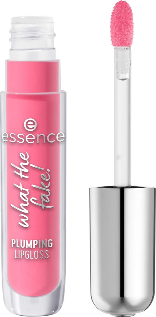 Läppglansrör med rosa färg och applicator, märkt essence What the Fale! Plumping Lipgloss.