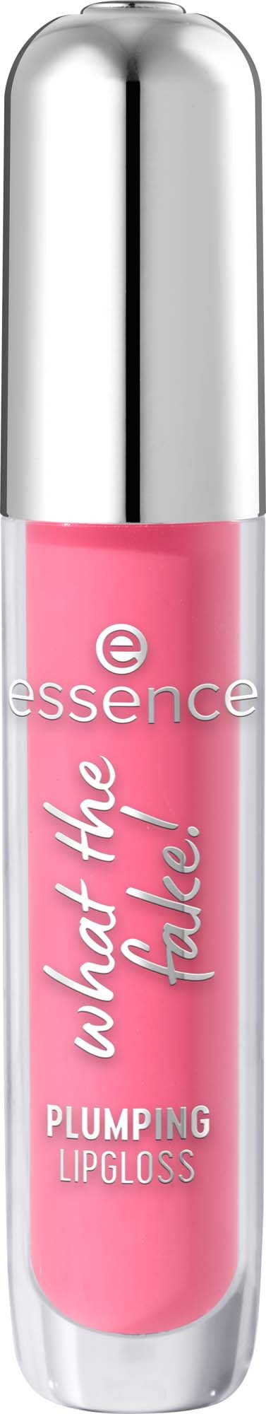 En rosa läppglansrör med silverlock, märkt Essence, med orden What the flip! och Plumping Lipgloss.