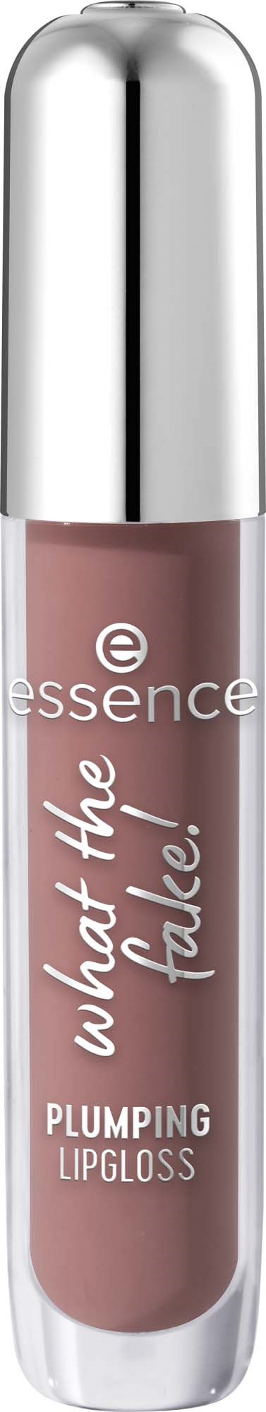 En tub läppglans från essence i rosa färg med en glansig silverlock, märkt "what the flade!".