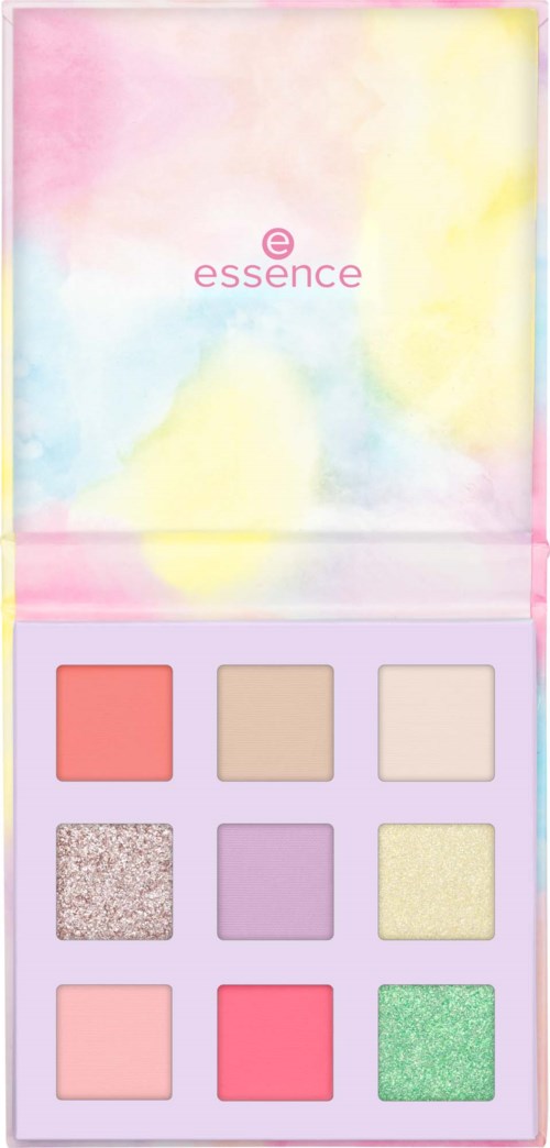 En pastellfärgad ögonskuggspalett med nio nyanser, inklusive matta, skimrande och glitter. Cover har vattenfärgsdesign med "essence"-logga.