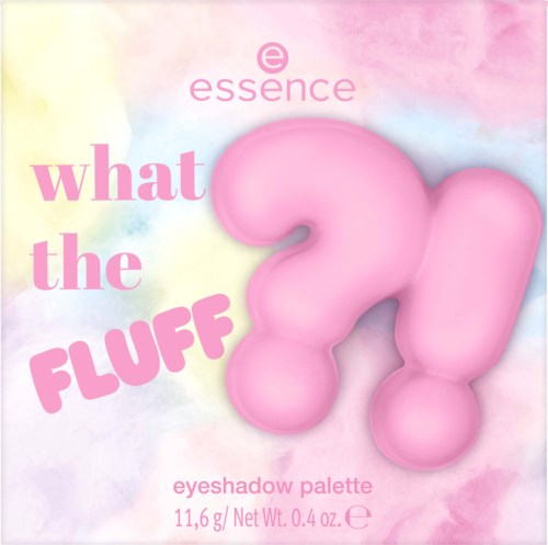 Rosafärgade fluffiga former formar ett frågetecken på en pastellbakgrund. Texten nämner 'what the FLUFF?' och ögonskuggspalett.