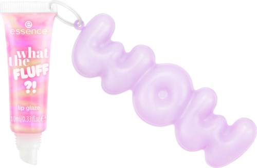 Ein rosa Lipgloss-Tube und ein lila Kettenanhänger in Form des Wortes 'LOVE', der daran hängt.