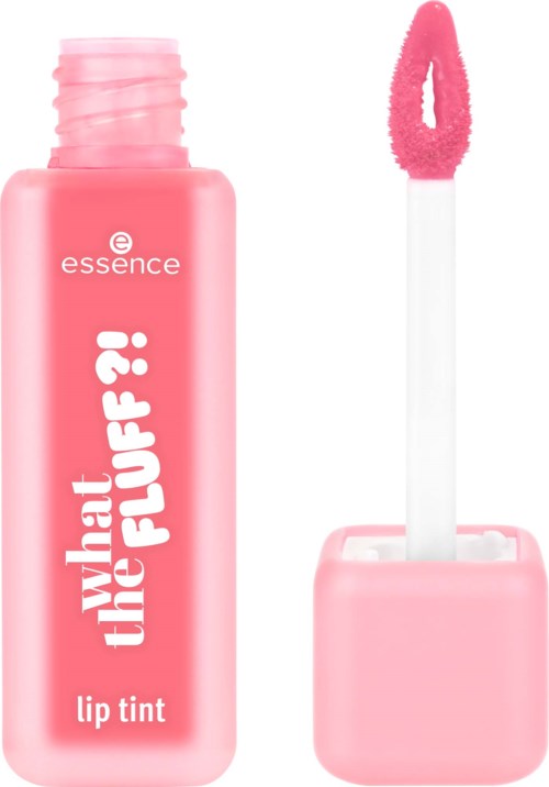 Rosa läppfargeflaska med applicator, märkt 'What the F*?! lip tint' av Essence.