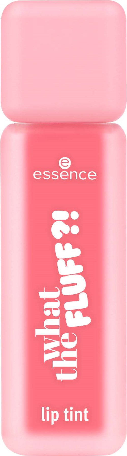 Ljusrosa läppfärgflaska med rundad kork, märkt 'essence' och 'what little FLUFF?!' med vita bokstäver.