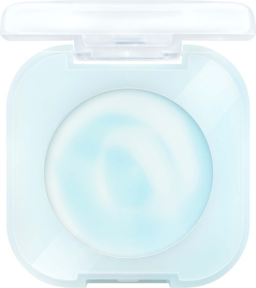 Ett ljusblått kontaktlinsfodral med transparent lock, innehållande en lins.