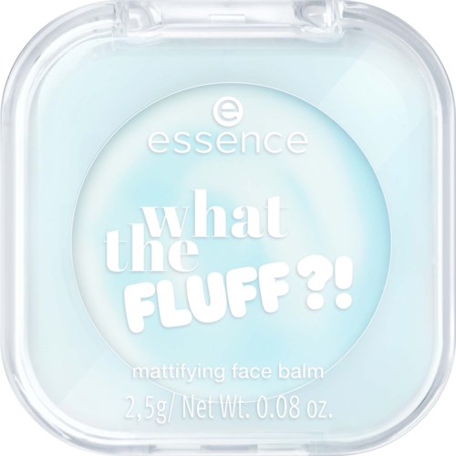 Ett litet, runt förpackning av ansiktsbalsam som heter 'what the FLUFF?!' i vitt och ljusblått.