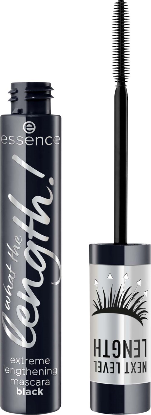 En svart mascara tub med en öppen borste, och en design av fransar på locket.