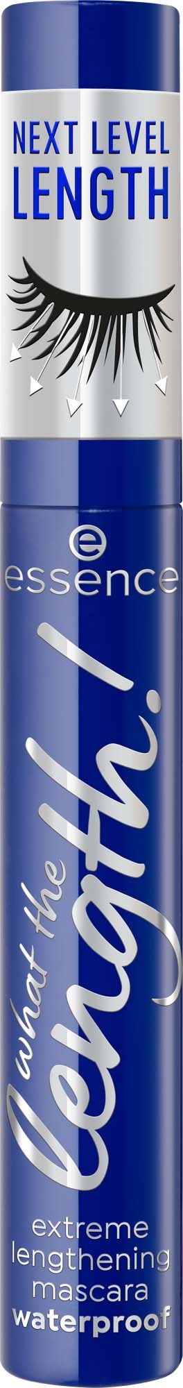 A blue waterproof mascara tube with branding and eye illustrations, emphasizing lengthening and extreme lifting.
